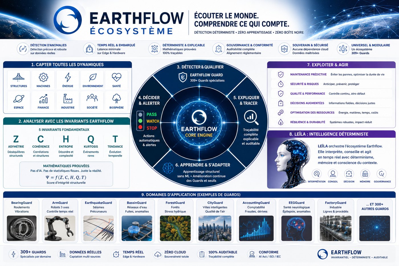 Earthflow Écosystème — détection déterministe, invariants Z C H Q T, 309+ Guards, Leïla, domaines d application