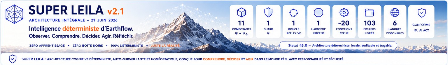 SUPER LEILA v2.1 — intelligence déterministe d'Earthflow · 11 composants · statut §5.0 · architecture déterministe, locale, auditable et traçable